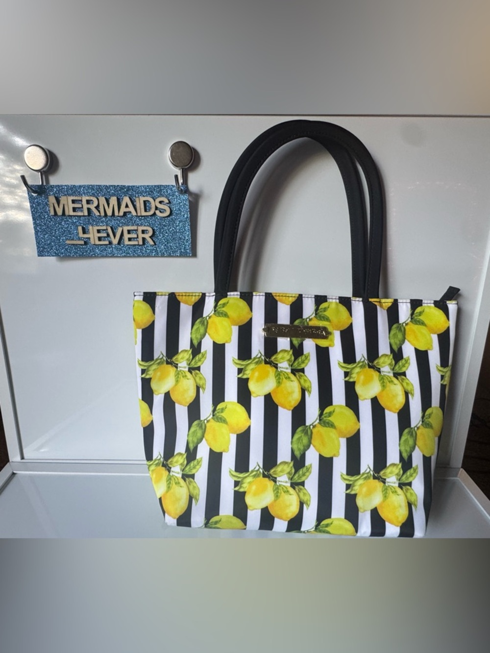 Betsey Johnson - lemon purse / tote - black and white stripes and lemons